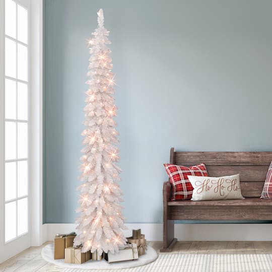 7ft. Pre-Lit Flocked White Artificial Alpine Pencil Tree, Clear Lights